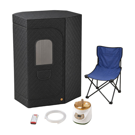 Portable steam sauna with folding chair, steam generator, hose and remote, white background