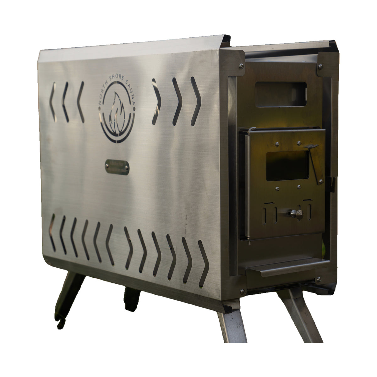 Portable sauna tent wood stove, brushed stainless steel with folding legs, on white background