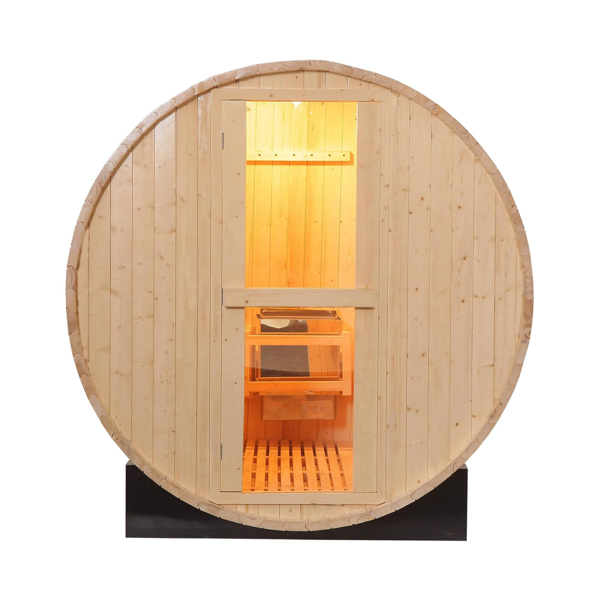 Front view of the Haven pinewood barrel sauna kit with tempered glass window