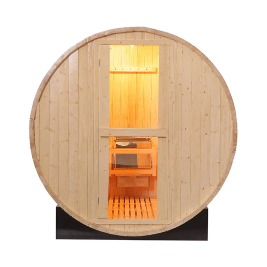 Front view of the Haven pinewood barrel sauna kit with tempered glass window