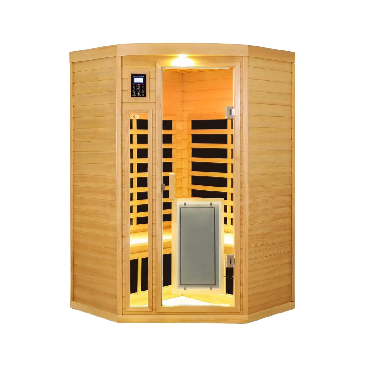 Laurent corner infrared sauna front view with interior lighting