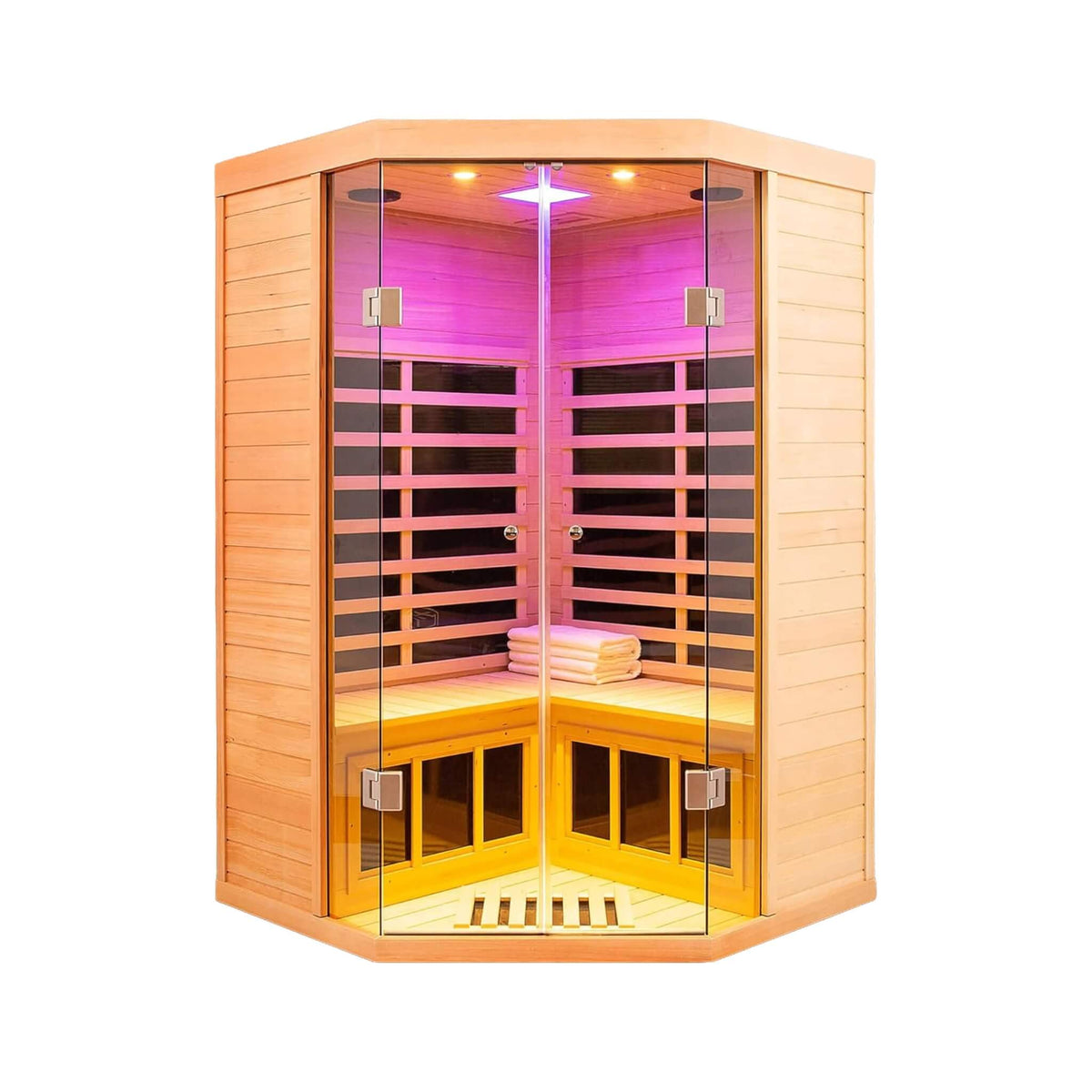 Laurent 2-person corner infrared sauna in Canadian hemlock with chromotherapy lighting, front view