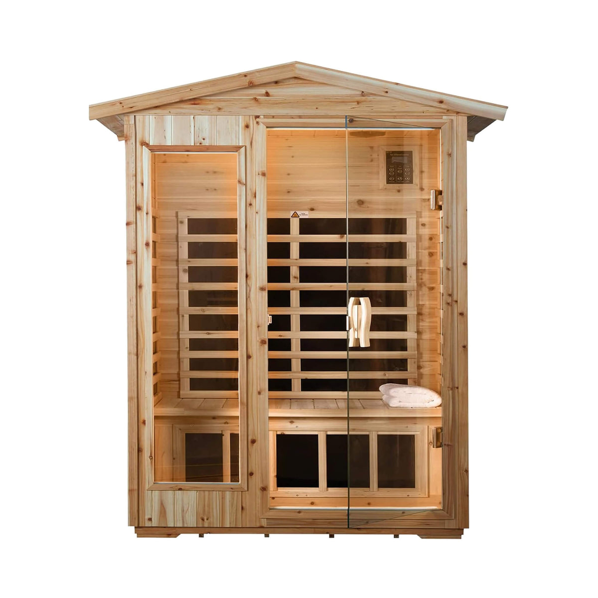 Zorin 2-person indoor outdoor infrared sauna in hemlock with pitched roof, front view