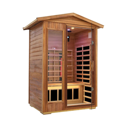 Alveron outdoor infrared sauna, front right view