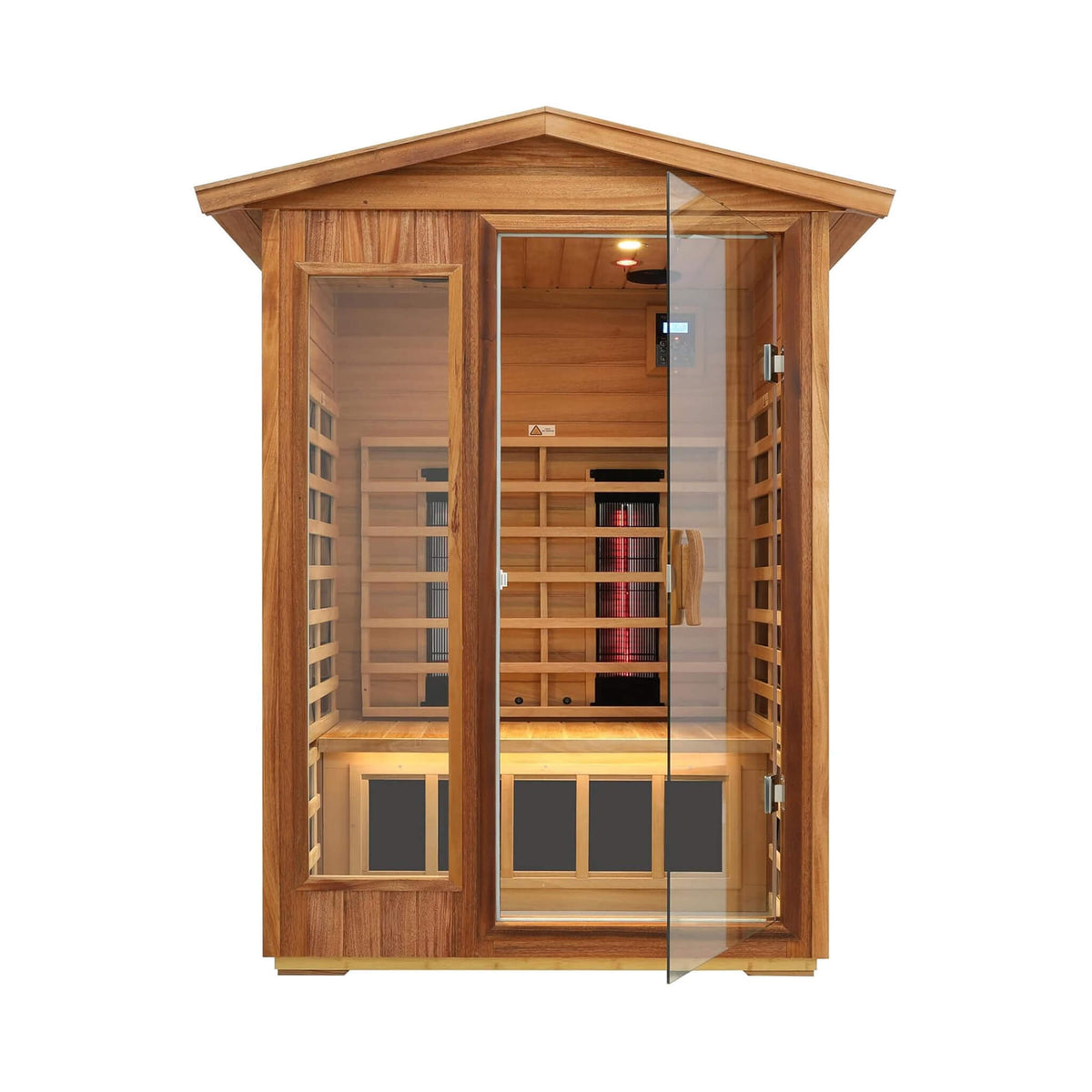 Alveron 2-person outdoor infrared sauna in West African mahogany, front view
