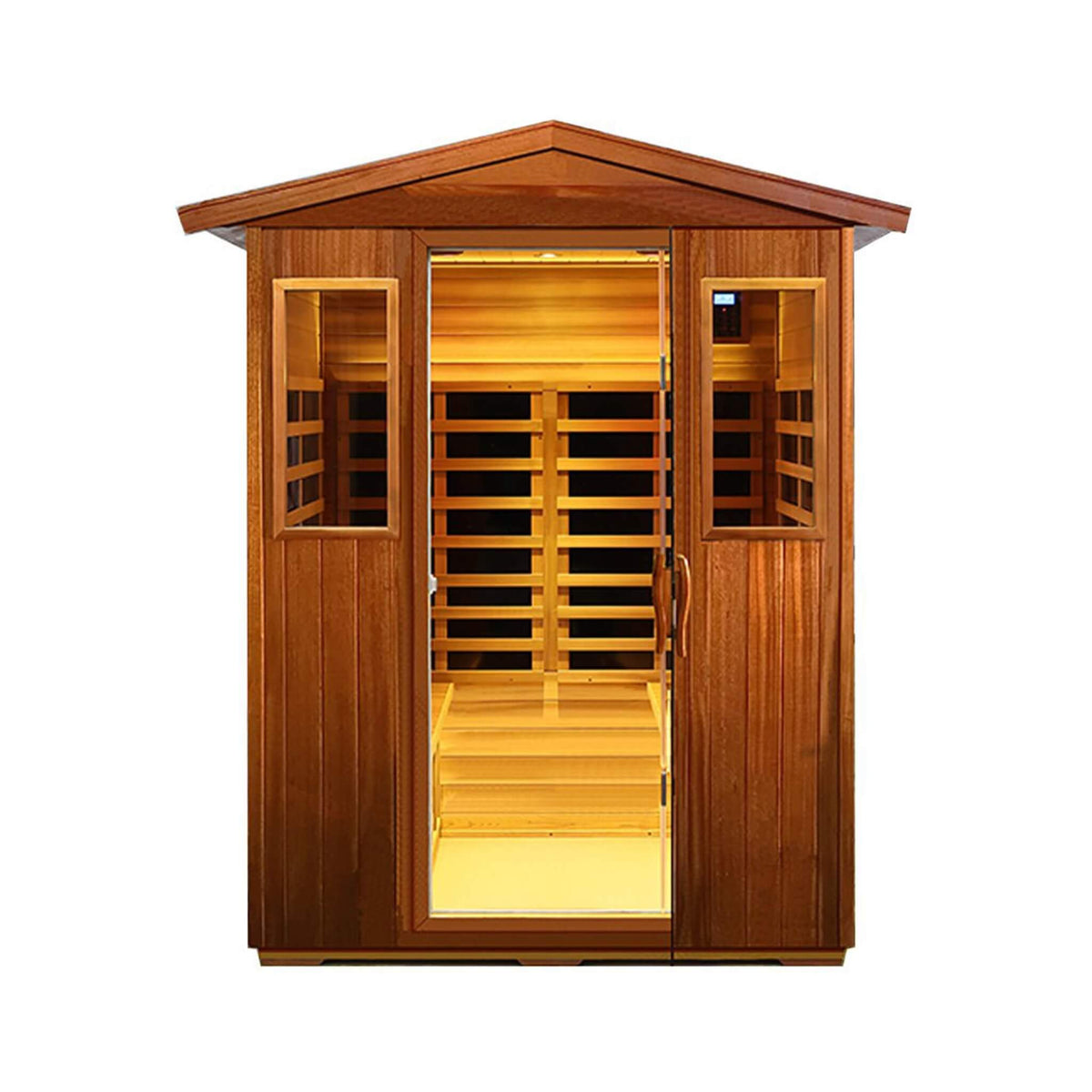 Valois 4-person outdoor infrared sauna in mahogany, front view