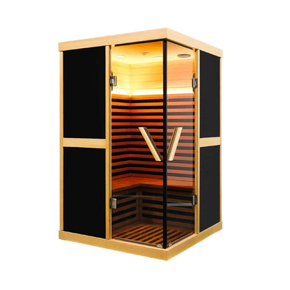Helix 2-person V-shaped far infrared sauna in hemlock with double glass doors, front view