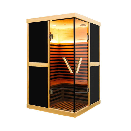 Helix 2-person V-shaped far infrared sauna in hemlock with double glass doors, front view
