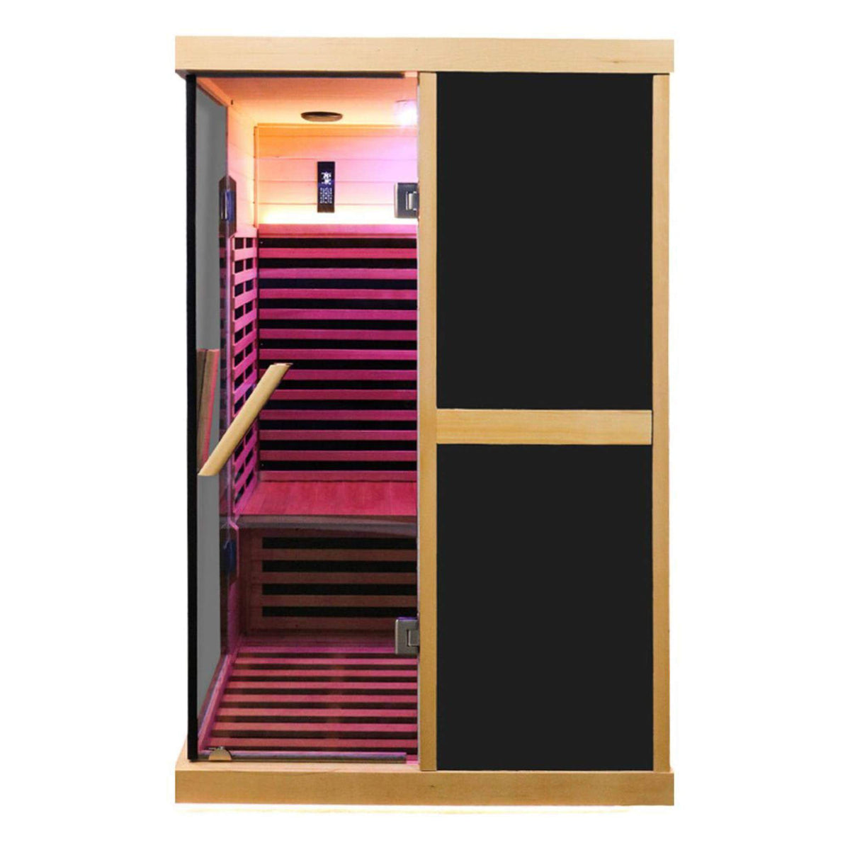 Helix V-shaped far infrared sauna interior with heating panels