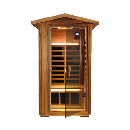 Xyra 1-person outdoor red cedar infrared sauna with glass door, front view, on white background