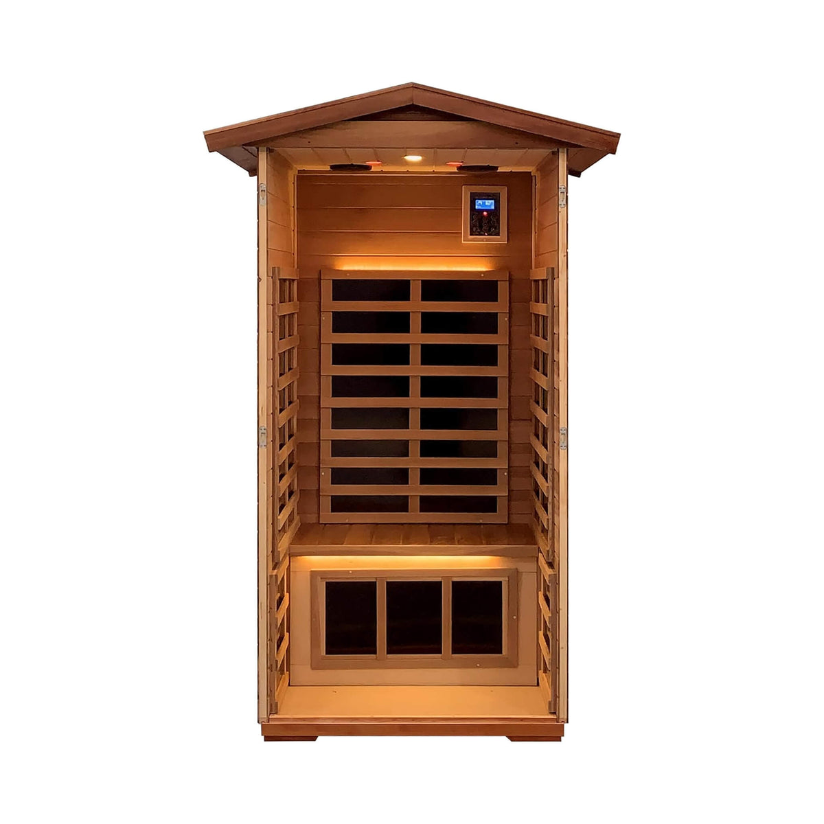 Xyra 1-person outdoor infrared sauna with door removed, showing heating panels and bench