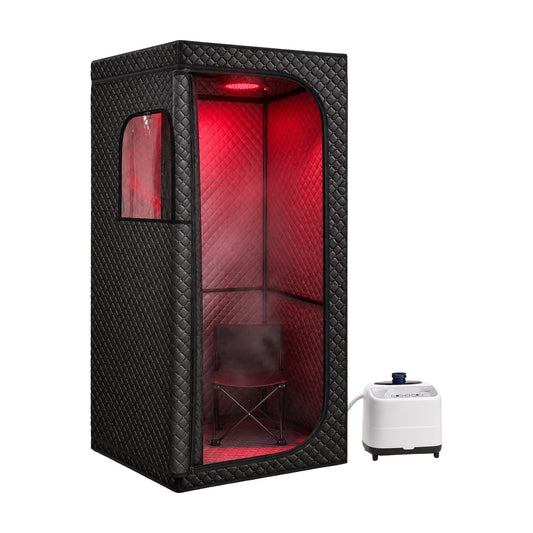 Red light steam sauna, black 1-person cabin with red interior light, folding chair and steam generator, white background
