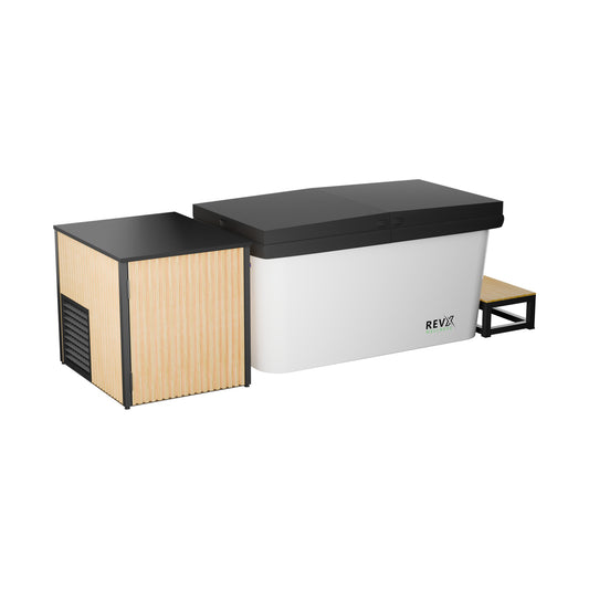 RevX Acrylic X Tub cold plunge with LUX chiller and filtration cabinet, on white background