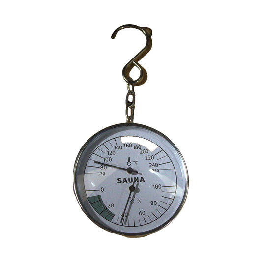 Sauna thermometer and hygrometer with wide-range dial, on white background