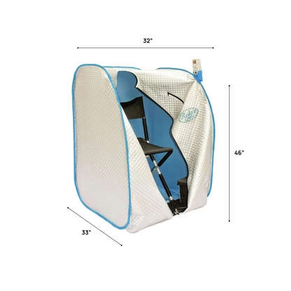 Relax Silver Elite sauna dimensions: 32 inches wide, 33 inches deep, 46 inches tall, shown open with the folding chair inside