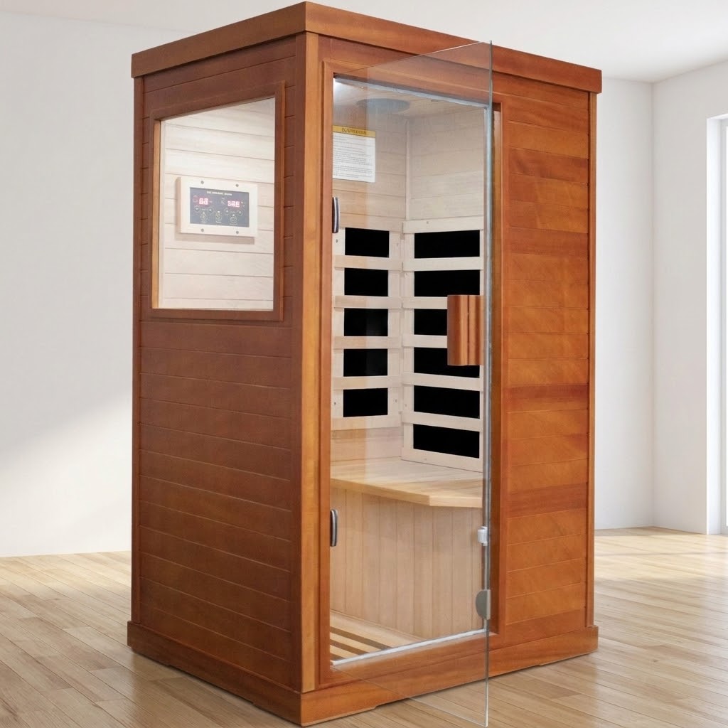 Solid wood 1-person infrared sauna with glass door open in a bright home spa room