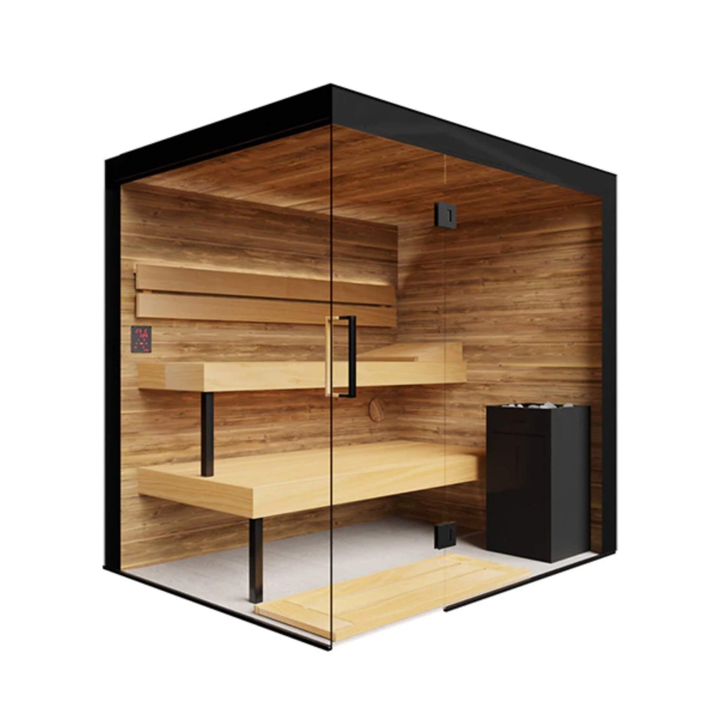 ThermaSol Lumaria glass fronted sauna cabin seen from the front corner