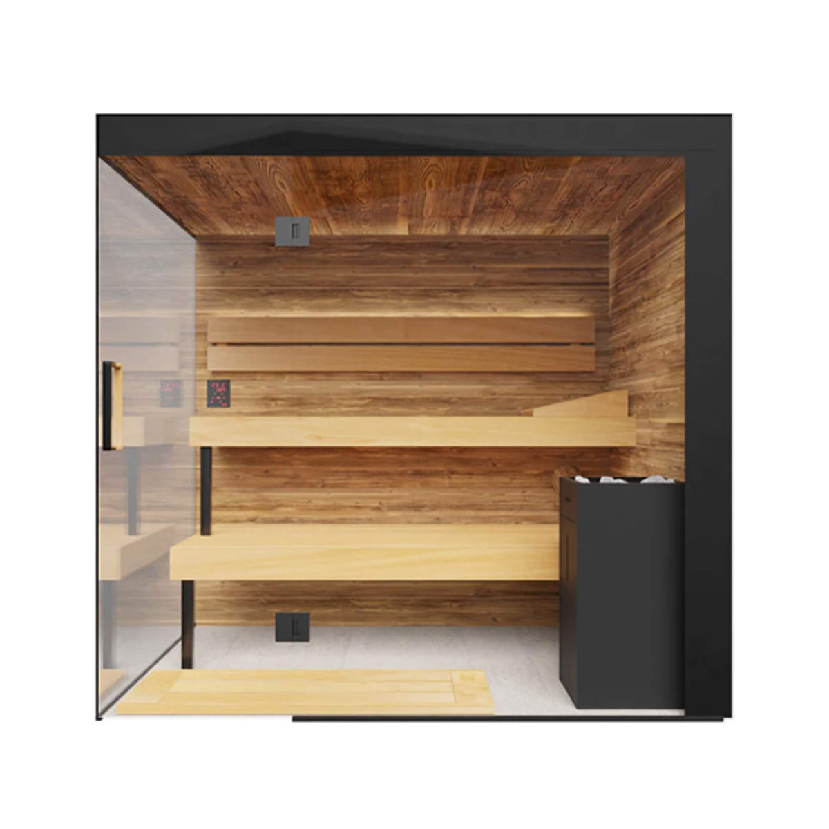 Interior of the ThermaSol Lumaria cabin showing tiered benches and the heater