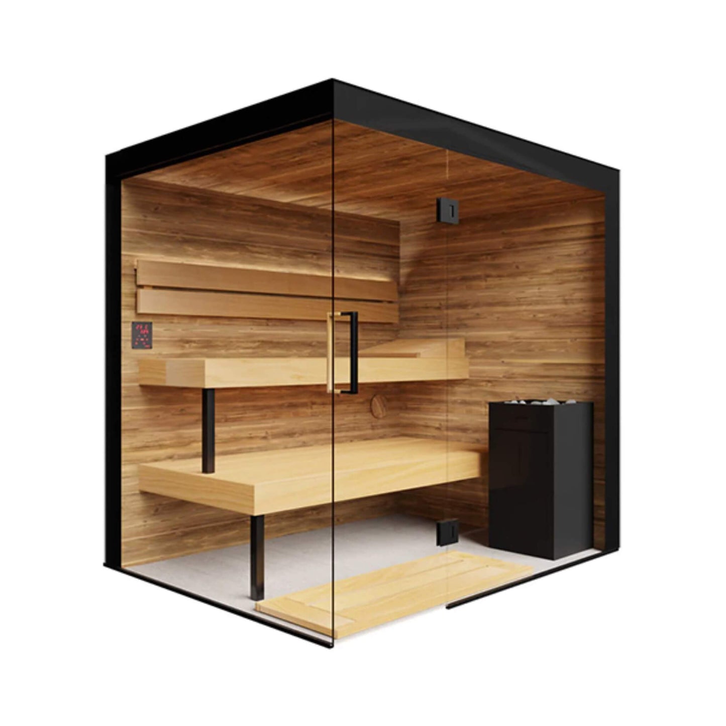 ThermaSol Lumaria glass sauna cabin with cedar benches and a corner heater