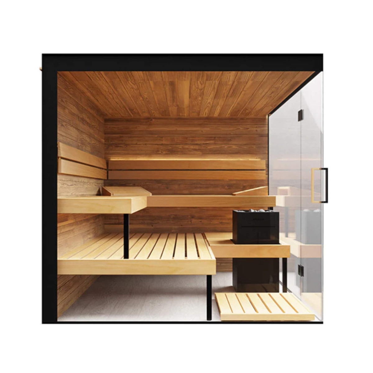 ThermaSol Lumaria interior with a right hinged glass door and cedar benches