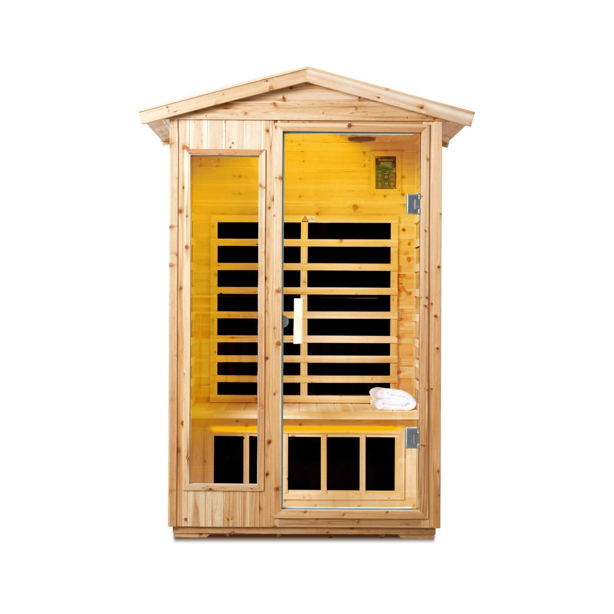 Vexa 2-person outdoor infrared sauna in old fir, front view