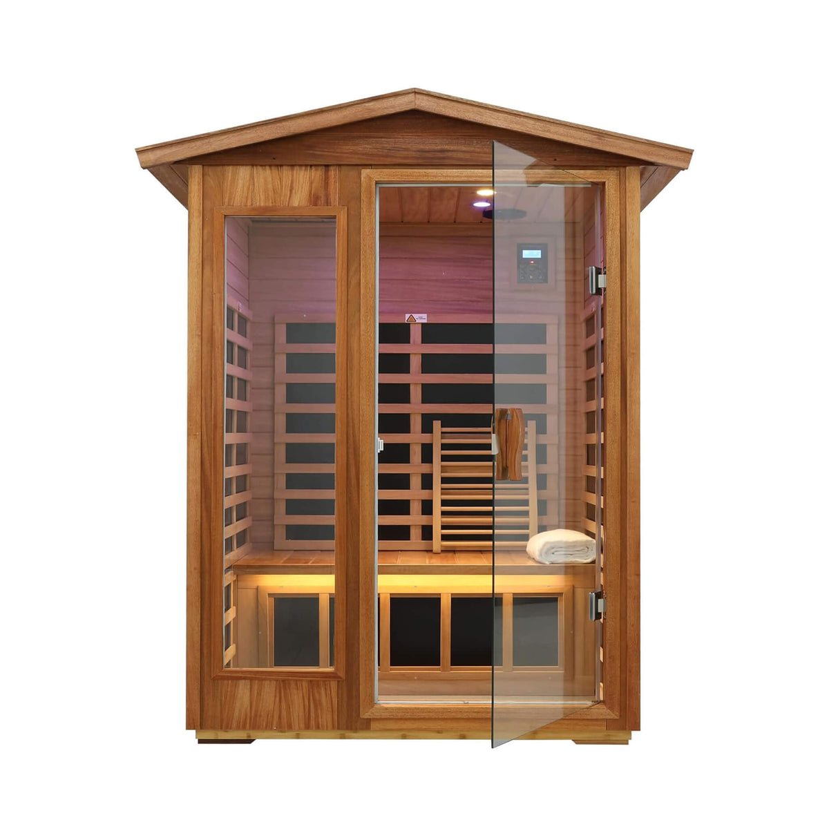 Ignis 2-person outdoor infrared sauna in mahogany with gambrel roof, front view
