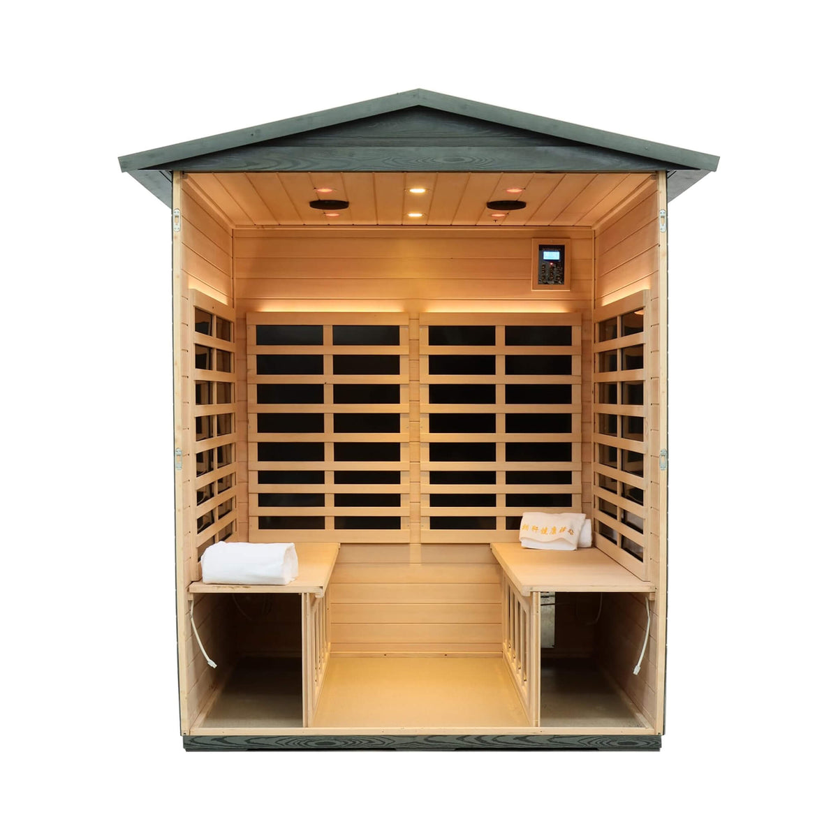 Eterna 4-person infrared sauna interior with bench seating