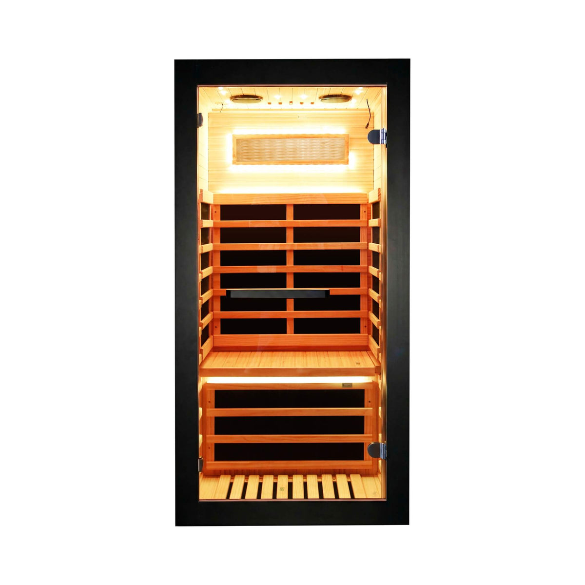 Solara 1-person infrared sauna cabin in Chilean pine, front view