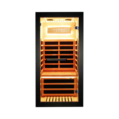 Solara 1-person infrared sauna cabin in Chilean pine, front view