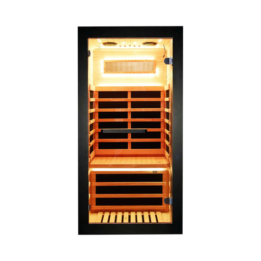Solara 1-person infrared sauna cabin in Chilean pine, front view