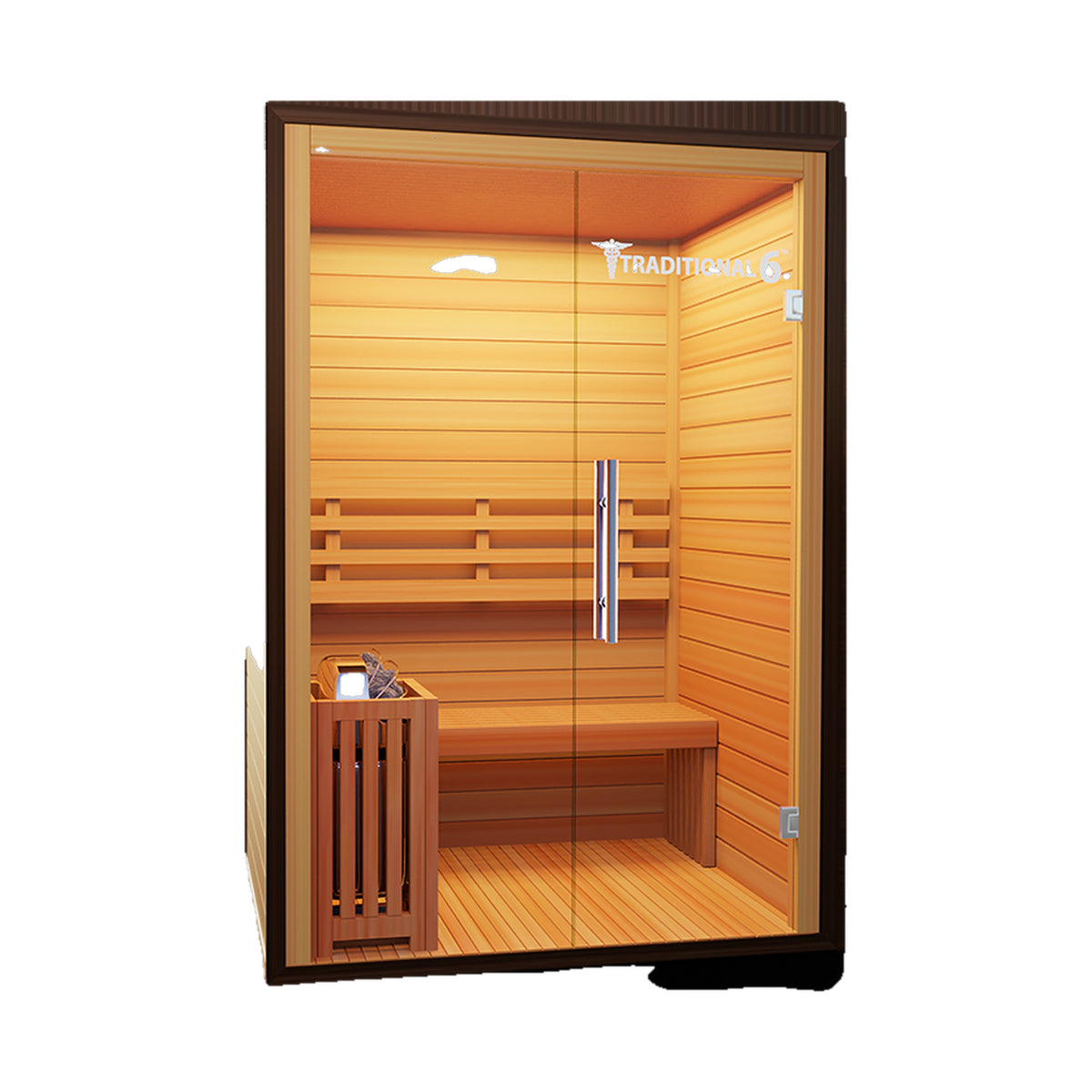2-person traditional hemlock steam sauna, front view, on white background