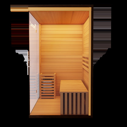 3-person traditional hemlock steam sauna interior view