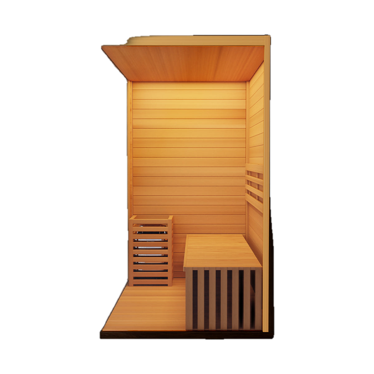 Traditional steam sauna 3-person hemlock interior view on white background