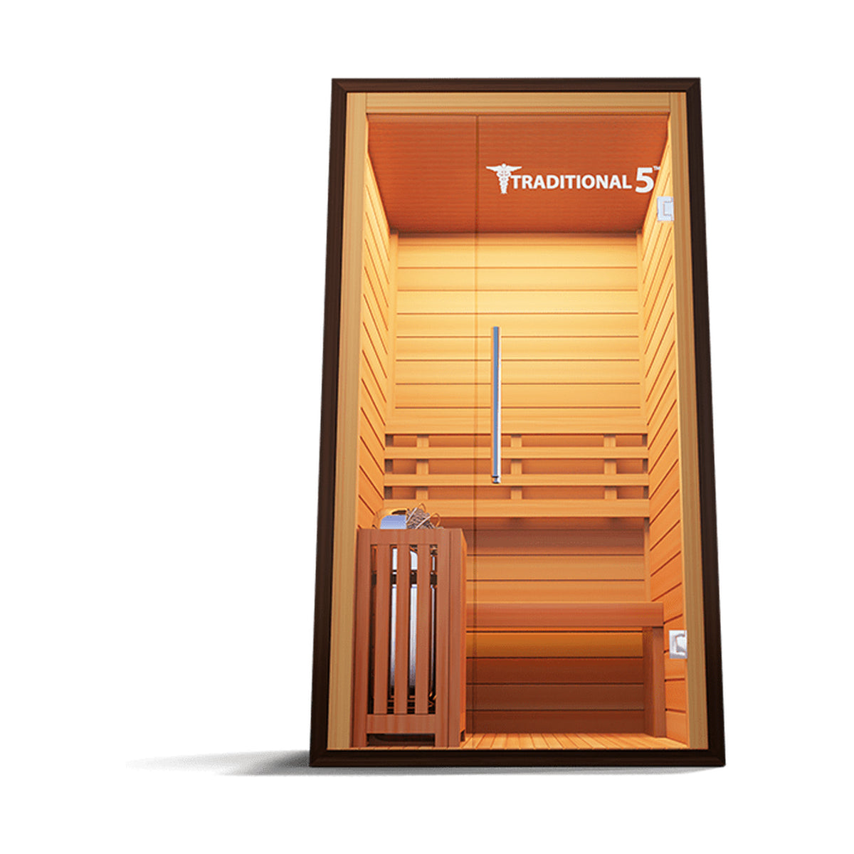 Traditional 1-person hemlock steam sauna, front view, on white background