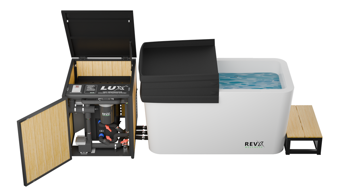 LUX chiller temperature control display set between 34 and 104 degrees Fahrenheit