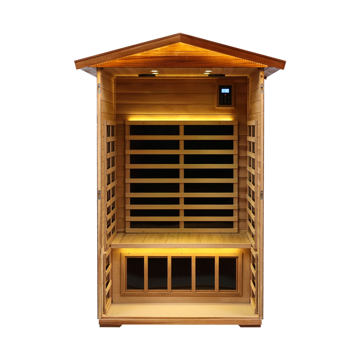 2-person outdoor solid wood infrared sauna with carbon heating, on white background