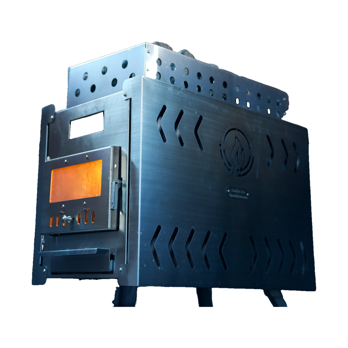Sauna tent wood stove XL, heavy-duty stainless steel with chimney, on white background