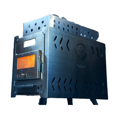 Sauna tent wood stove XL, heavy-duty stainless steel with chimney, on white background