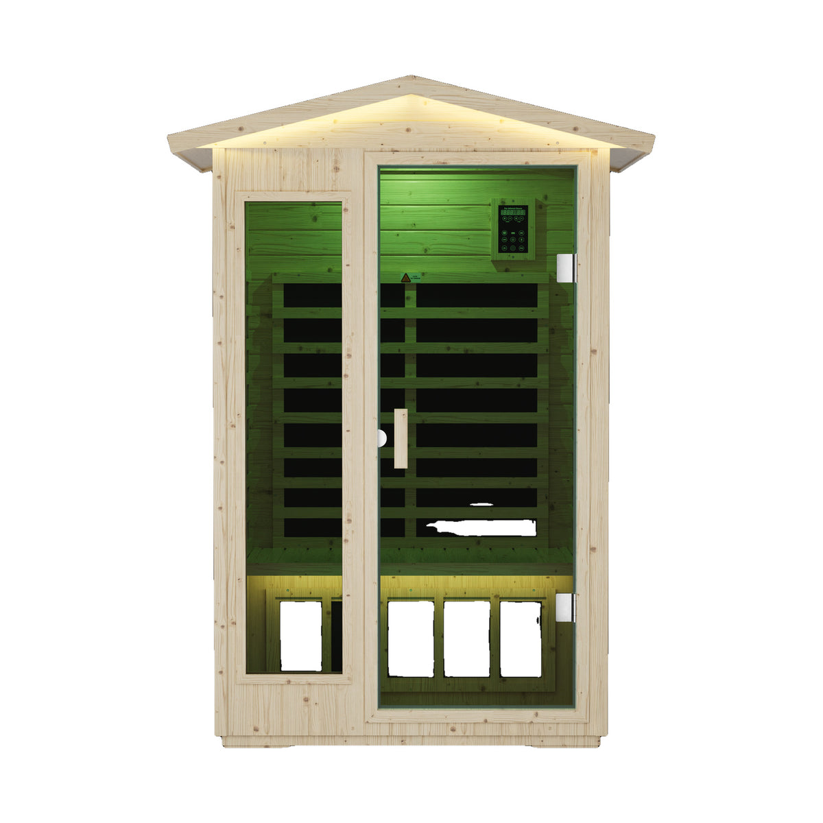 XY-902VY far infrared sauna in wood and glass with Bluetooth and seat lights, on white background